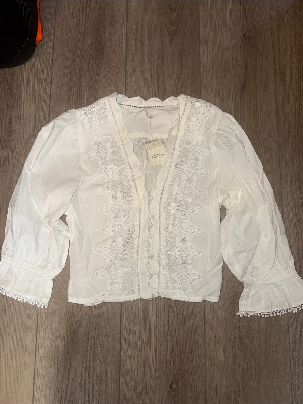 Free People White Lace-Trim Buttoned Peasant Blouse